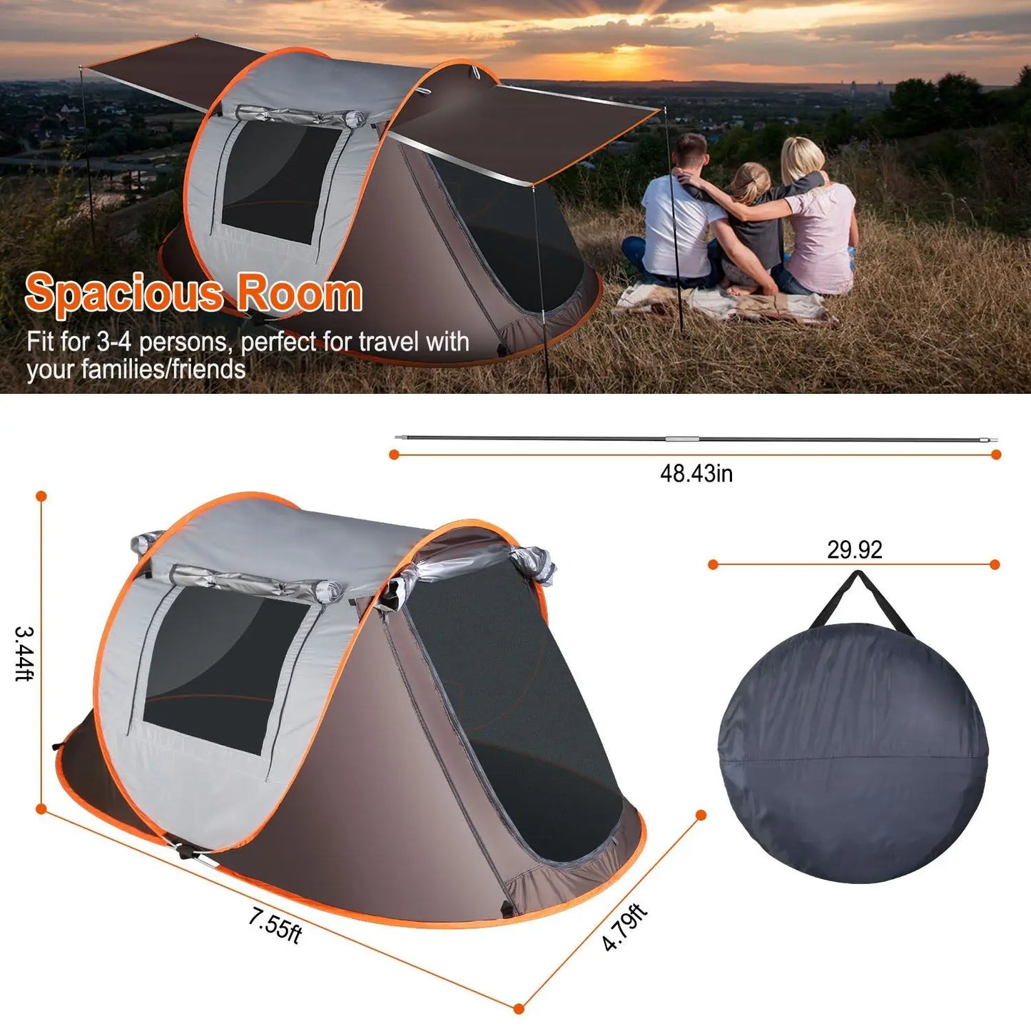 3-4 Person Pop Up Tent Automatic Setup Camping Tent  I
