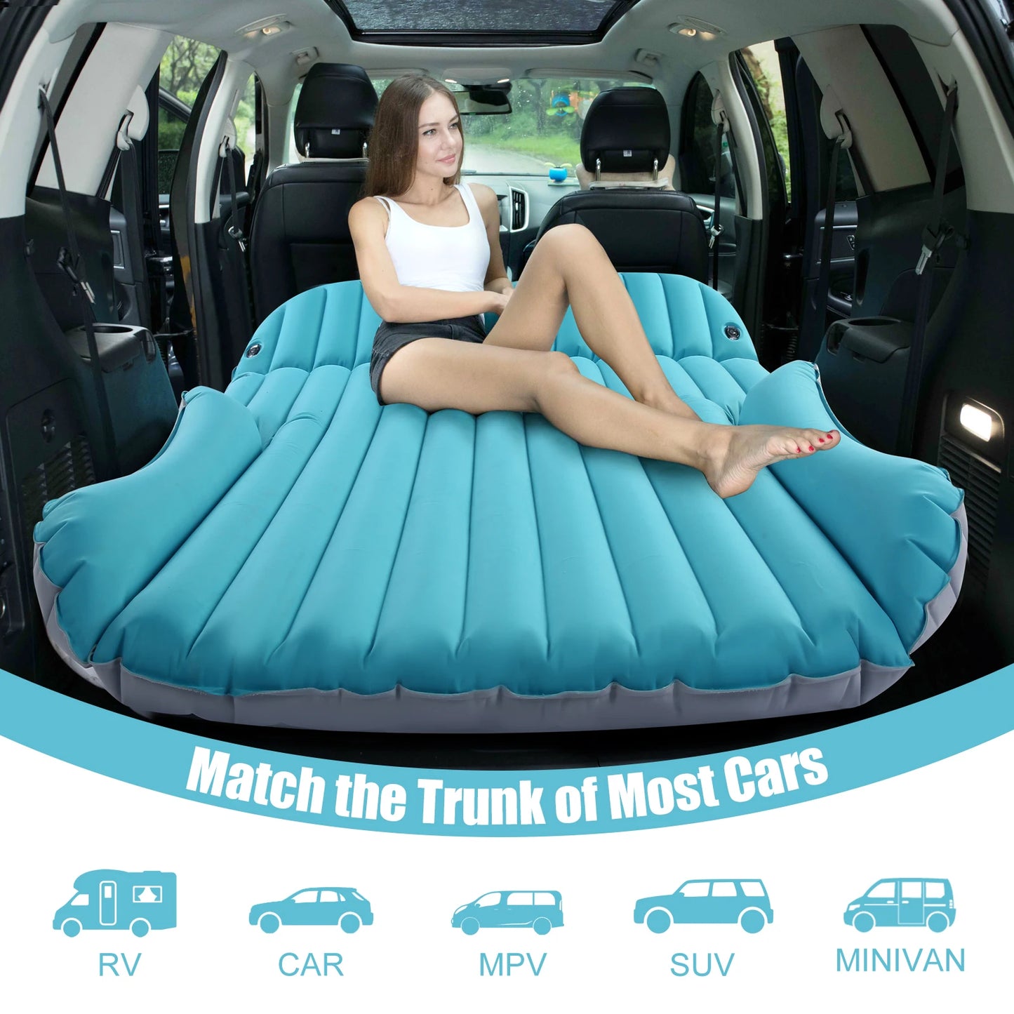 Inflatable Camping Bed with Electric Pump for Trunk & Rear Seat Gray/Blue, No Pillows