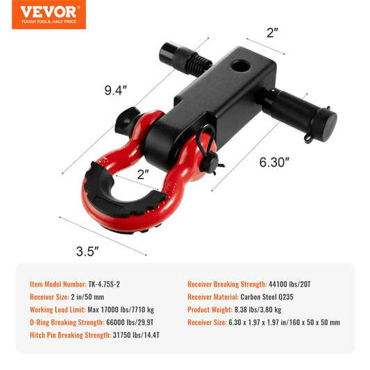 V2" Shackle Hitch Receiver D-Ring Shackle Off-Road Vehicle Recovery