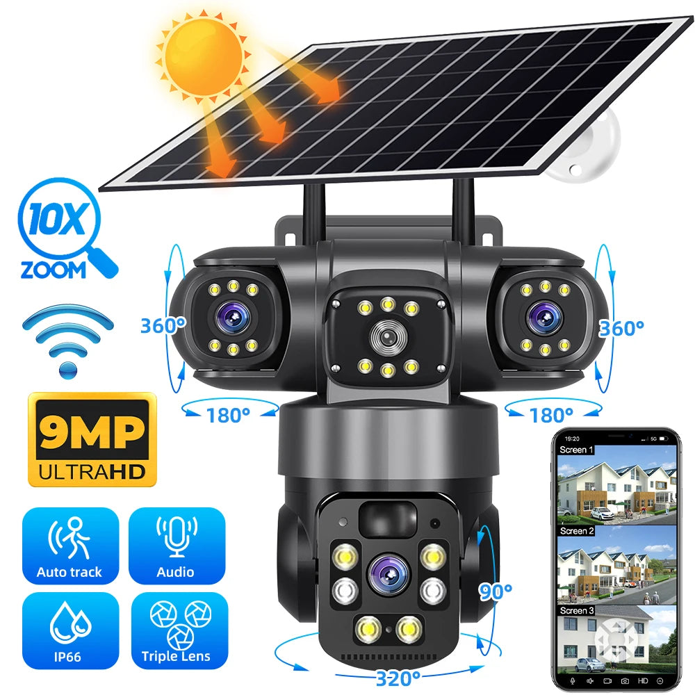 9MP Full HD Solar WiFi Camera 3 Screen 3 Lens 10X Zoom  Surveillance Night Vision Security Protection