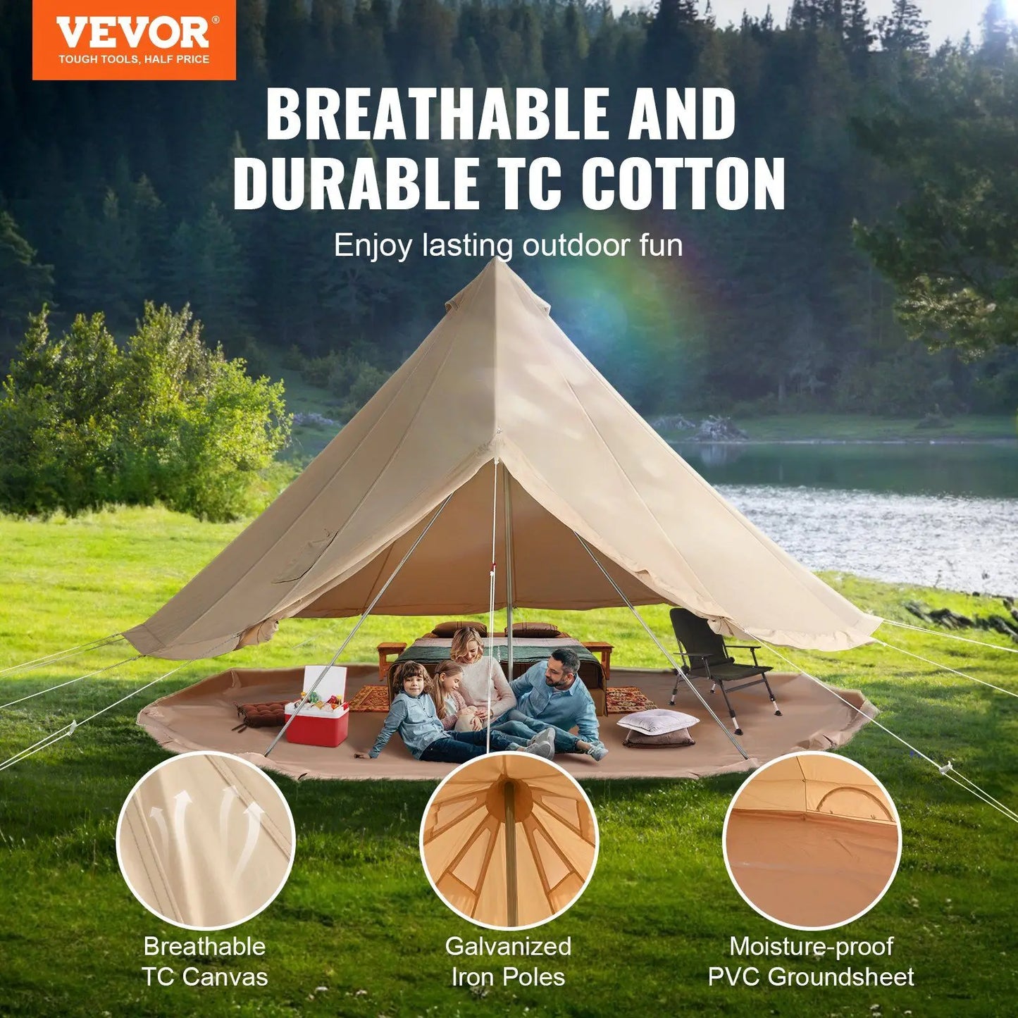 5-8 Person Canvas Glamping Bell Tent,with Stove Jack and Detachable Side Wall,13'x 13'x98"