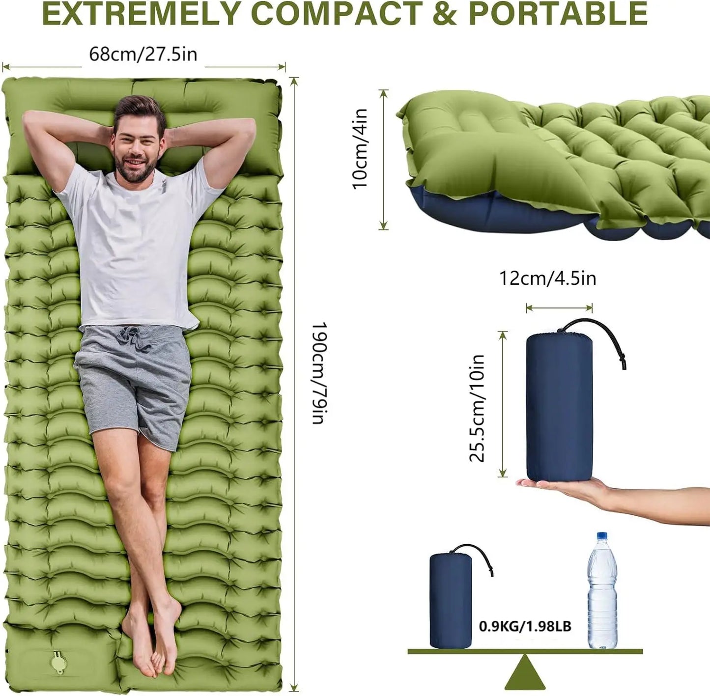 4-inch inflatable sleeping mat with built-in pillow and pump