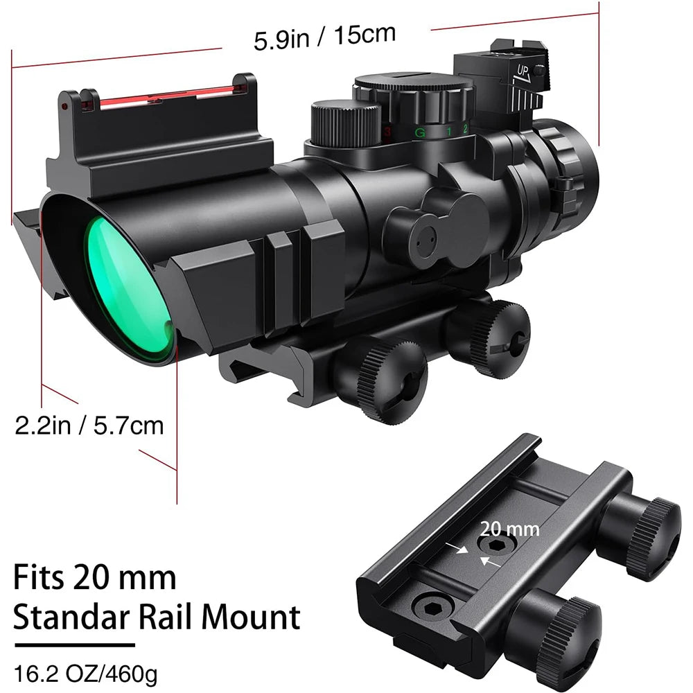 4x32 Tactical Riflescope with Fiber Optic Illuminated Reticle Scopes with 20 mm Picatinny Rail