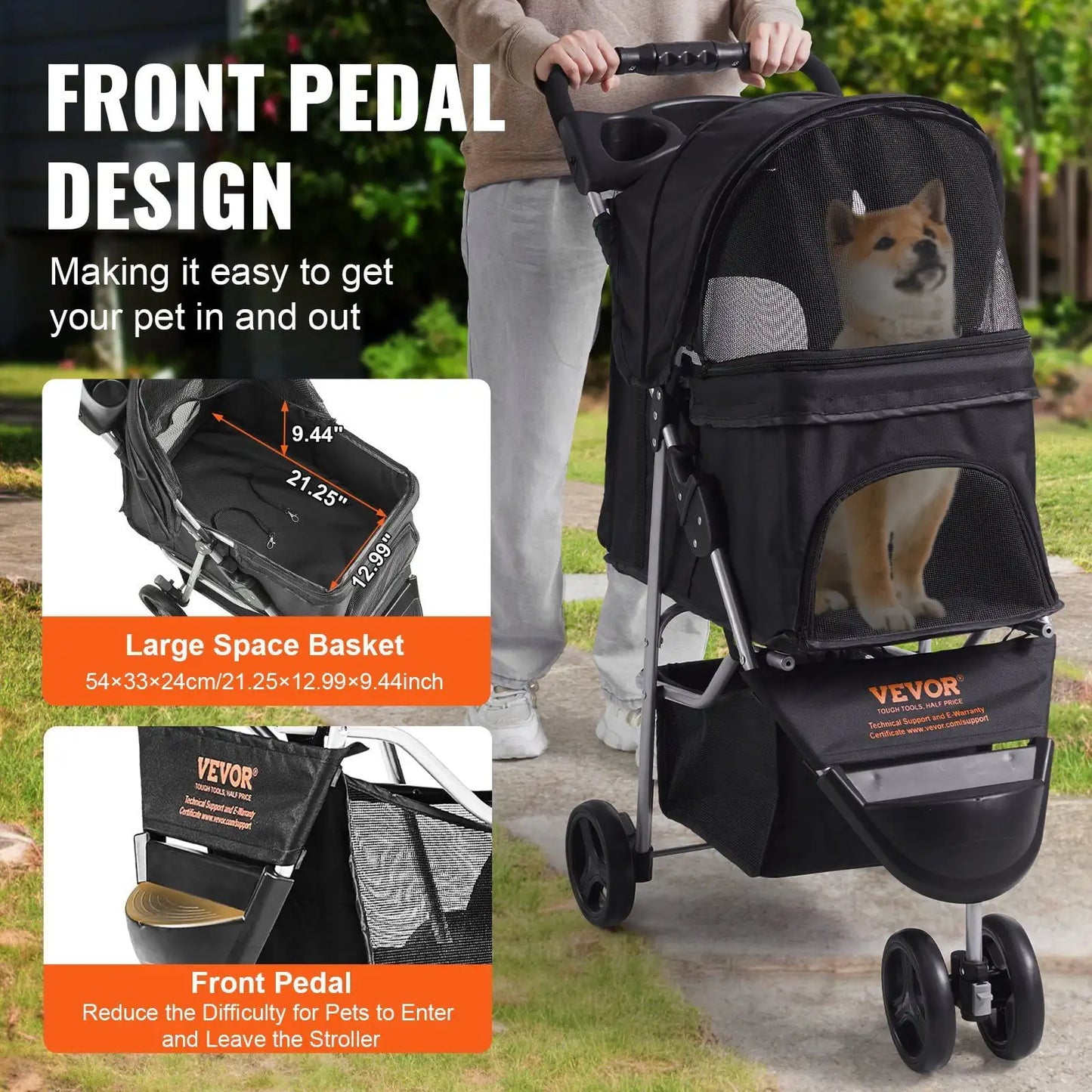 New Pet Stroller, 3 Wheels Dog Stroller Rotate with Brakes,