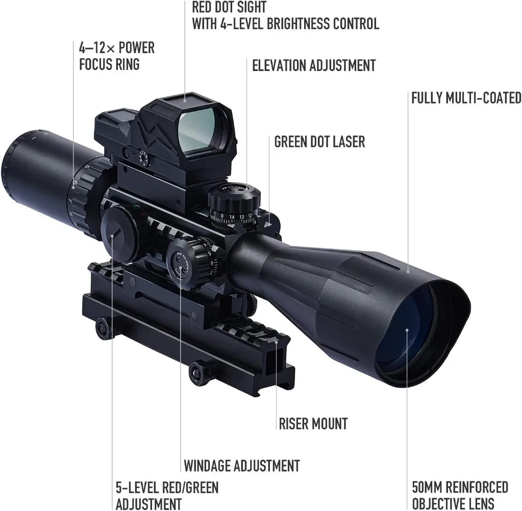 Rifle Scope Red Dot Laser Combo 4-12x50 Illuminated Optics