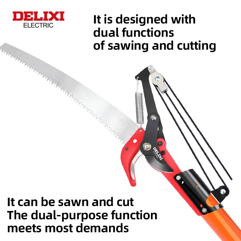 Delixi Electric 2-in-1 Telescopic Saw Adjustable Tree Pruning Tool with Anti-Slip Grip and Long Reach