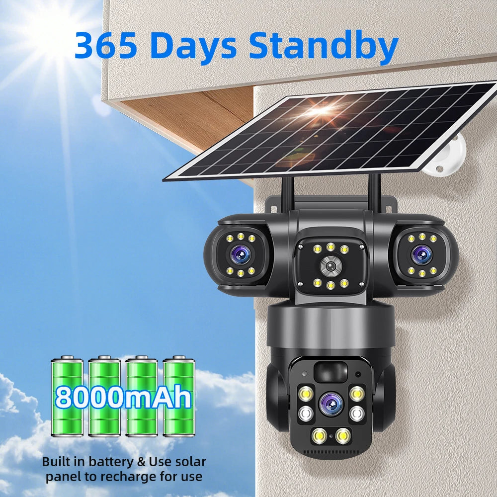 9MP Full HD Solar WiFi Camera 3 Screen 3 Lens 10X Zoom  Surveillance Night Vision Security Protection