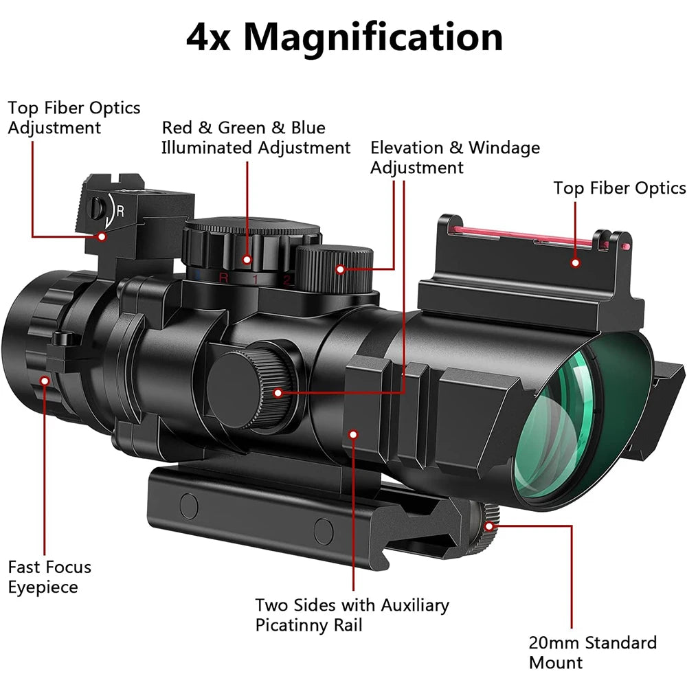 4x32 Tactical Riflescope with Fiber Optic Illuminated Reticle Scopes with 20 mm Picatinny Rail