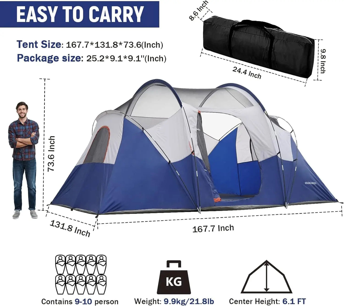 10 Person Camping Tent - Portable Easy Set Up Family Tent