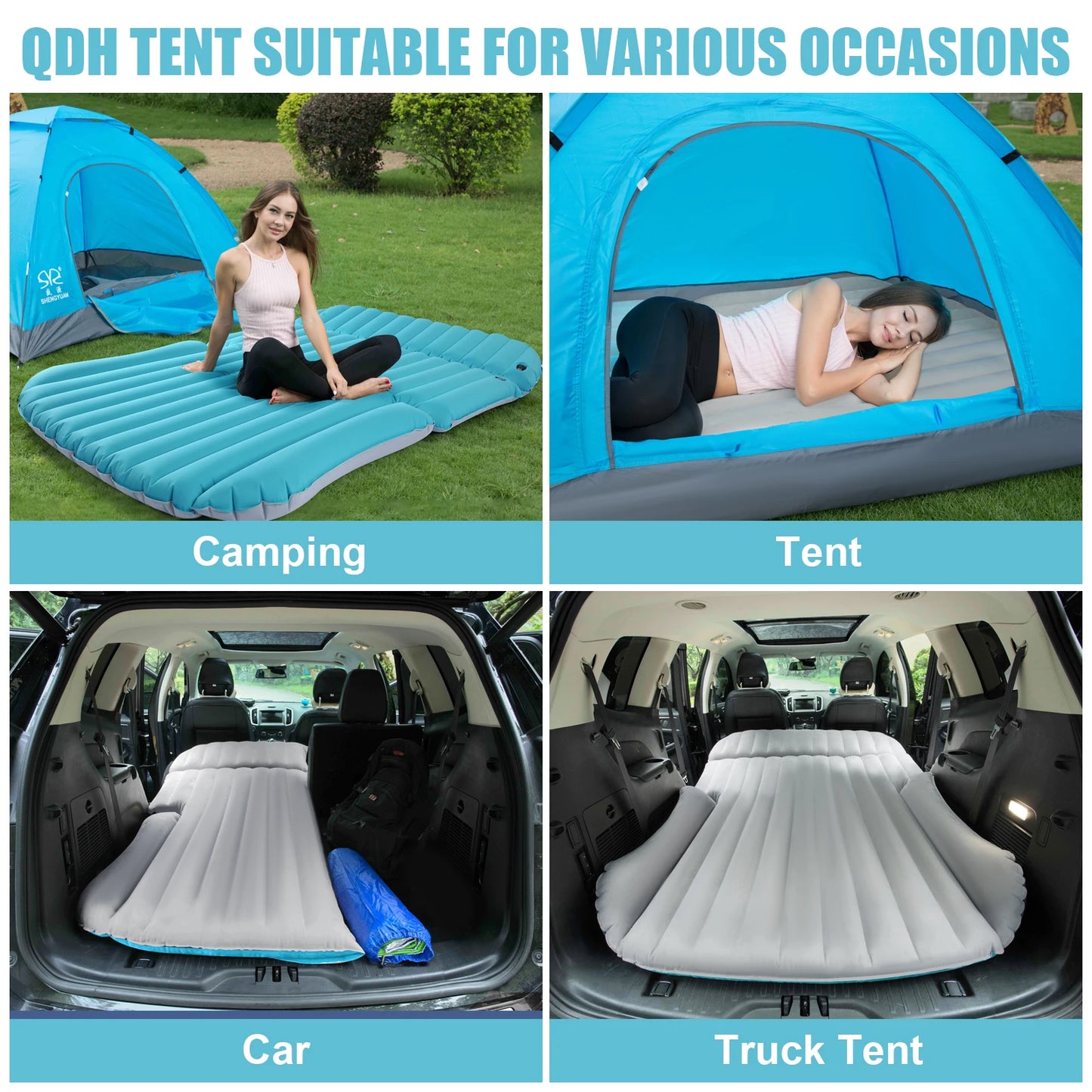 Inflatable Camping Bed with Electric Pump for Trunk & Rear Seat Gray/Blue, No Pillows
