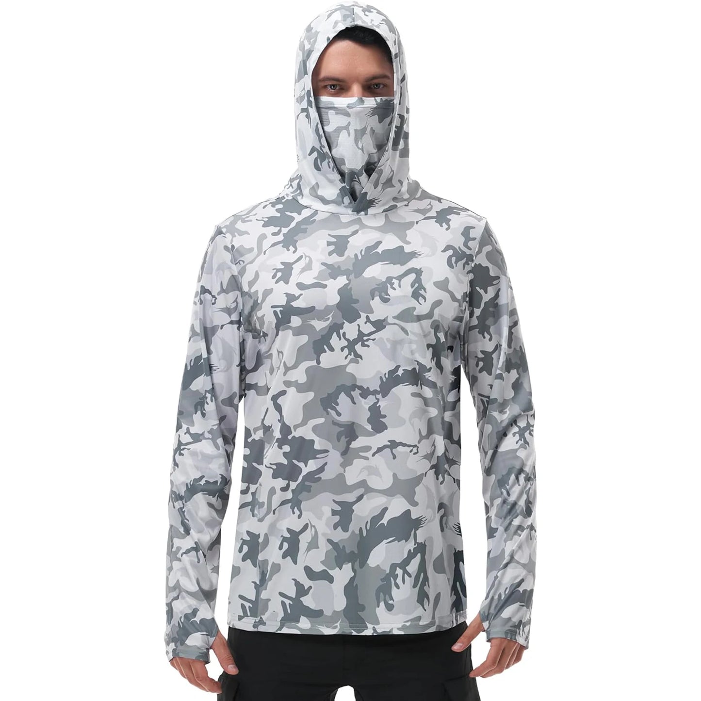 Men s Fishing Shirt Camo Print Hoodie with Built-in Sun Protection