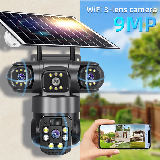 9MP Full HD Solar WiFi Camera 3 Screen 3 Lens 10X Zoom  Surveillance Night Vision Security Protection