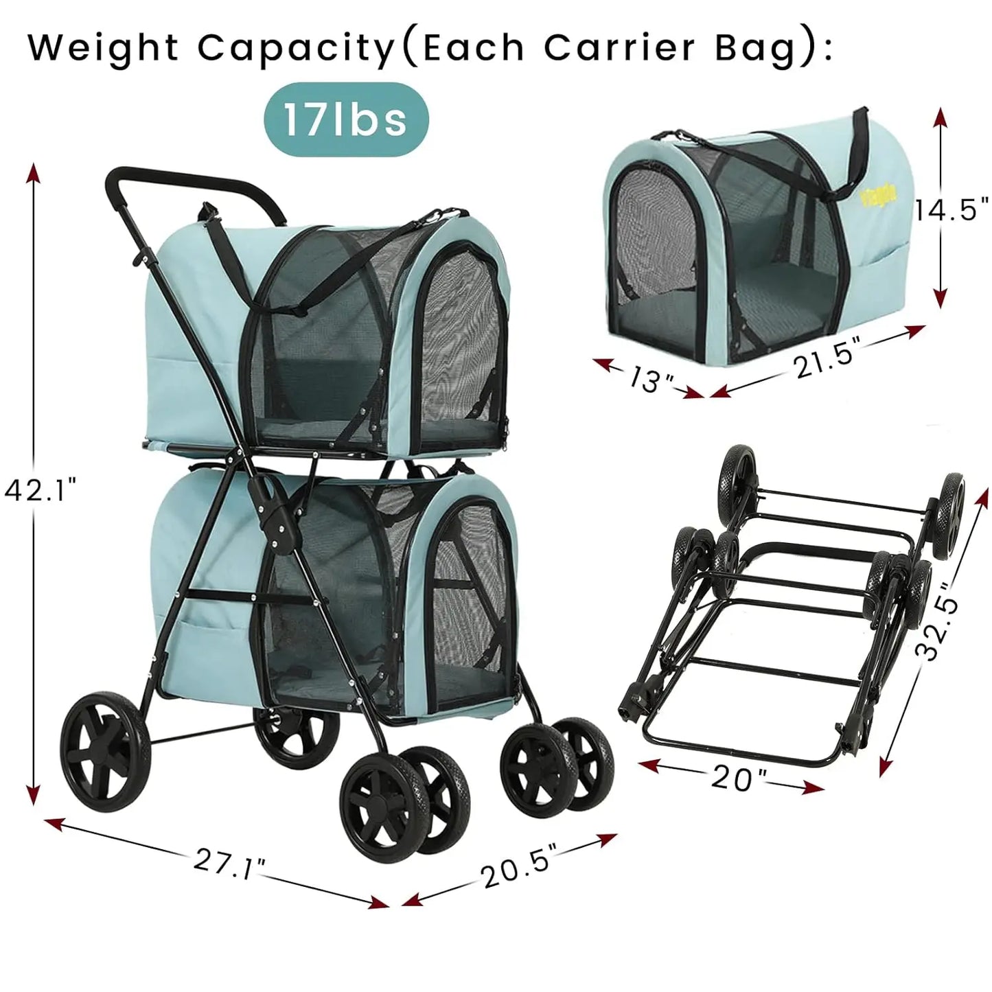 4-in-1 Double Pet Stroller for Dogs and Cats, 2 Detachable Carriers