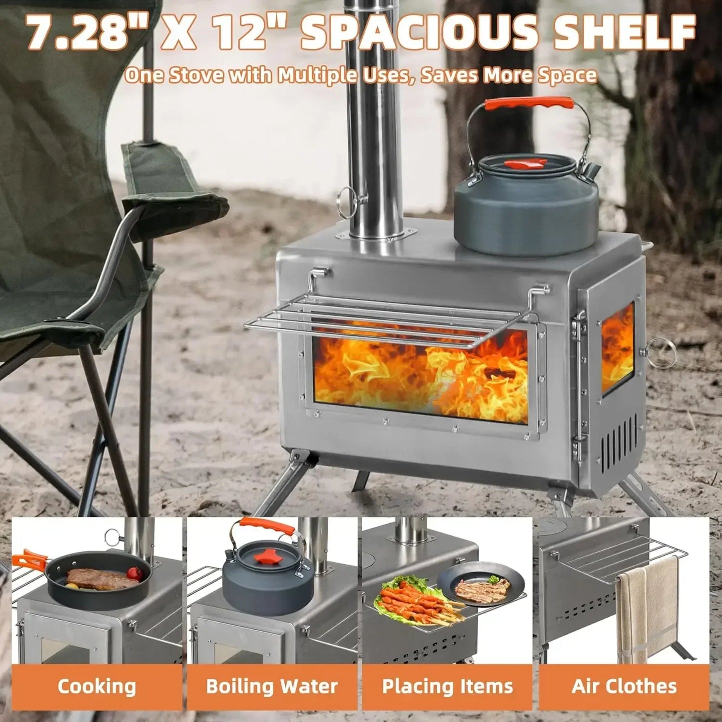 Stainless Steel Wood , 22“ Oversize Heating Burner Stove for Tent, Includes Pipe