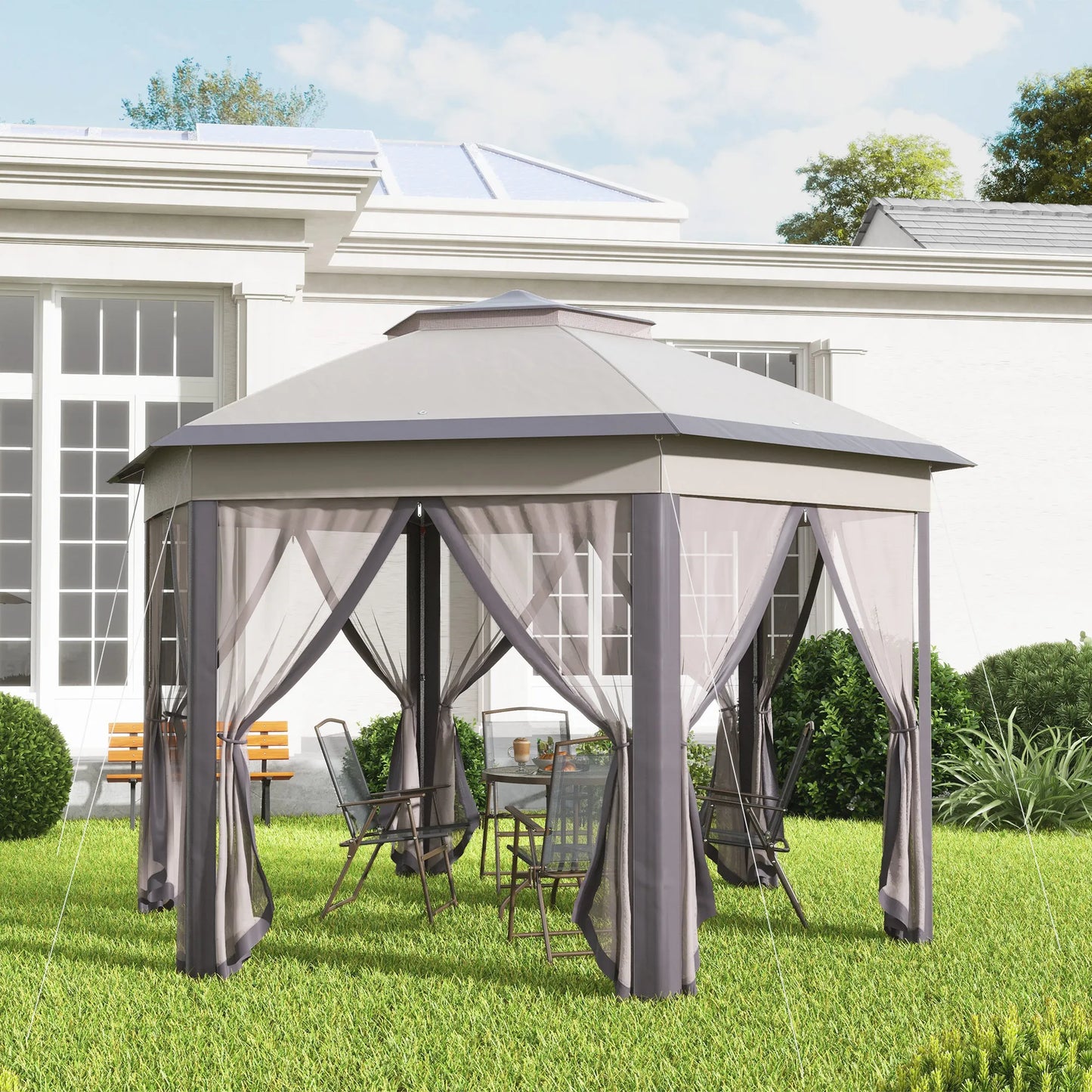 13.3' Hexagon Soft Top 2-Tier Canopy Gazebo Shade W/ Steel Supporting Frame