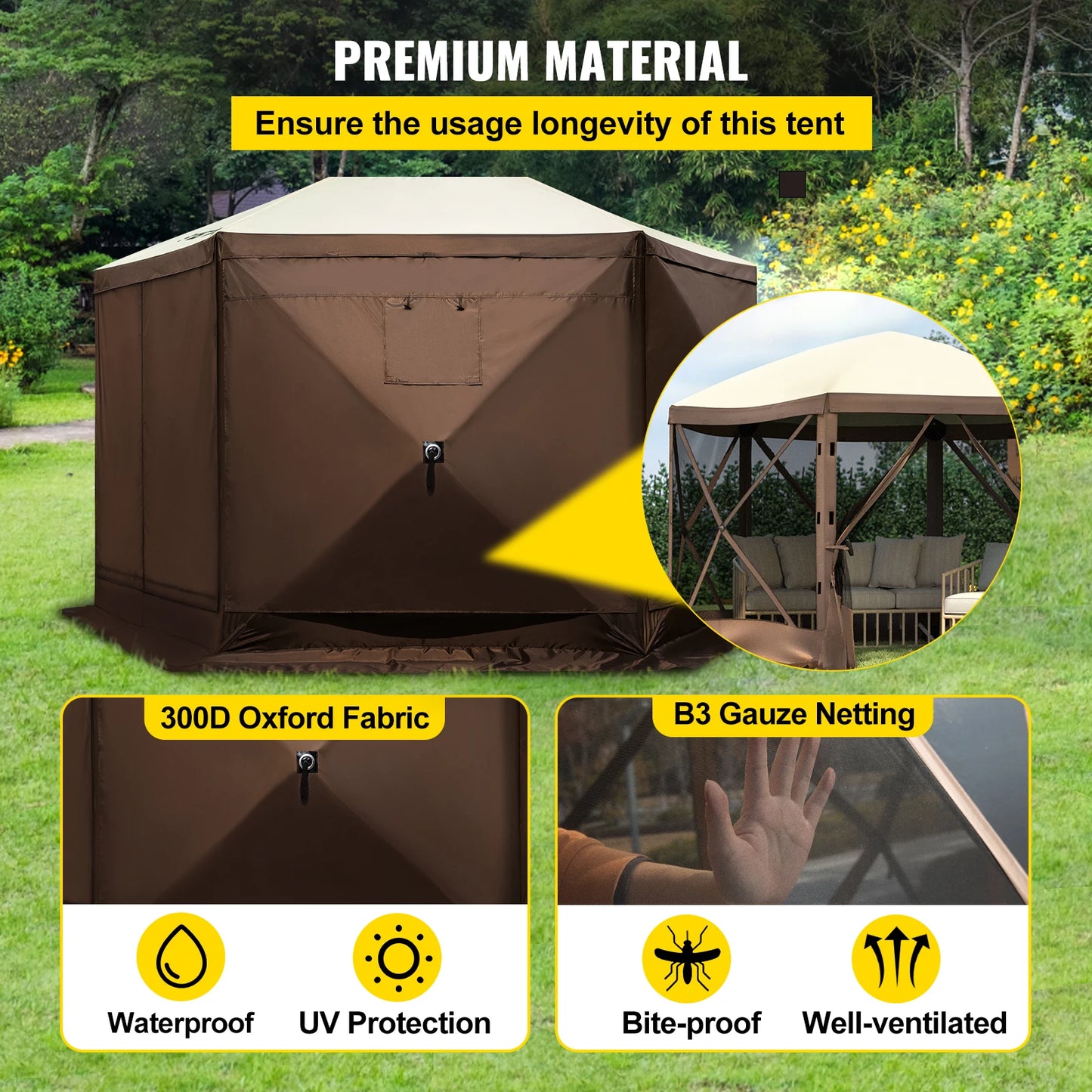 Pop-up Camping Gazebo 6 Sided 12' x 12' / 10' x 10' Sun Shade Tents