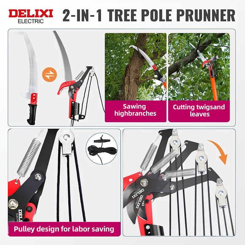 Delixi Electric 2-in-1 Telescopic Saw Adjustable Tree Pruning Tool with Anti-Slip Grip and Long Reach