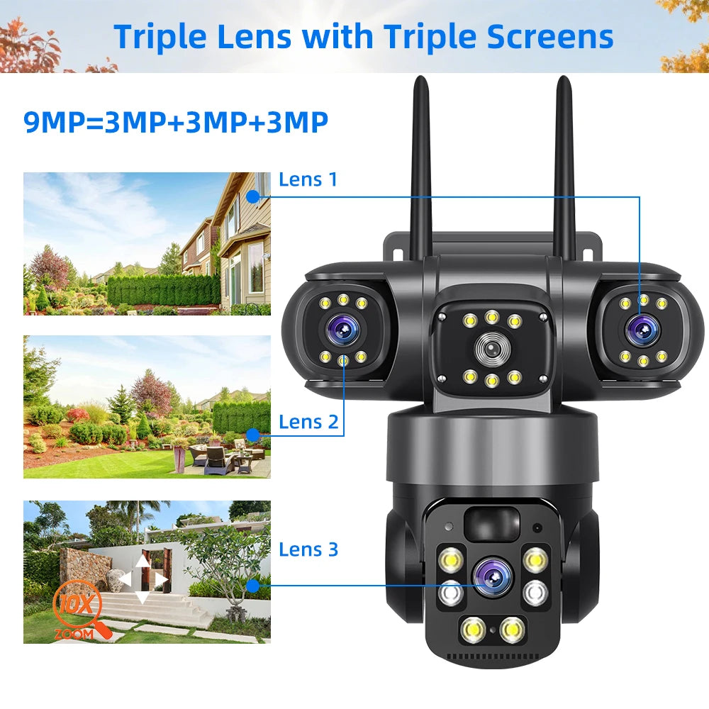 9MP Full HD Solar WiFi Camera 3 Screen 3 Lens 10X Zoom  Surveillance Night Vision Security Protection