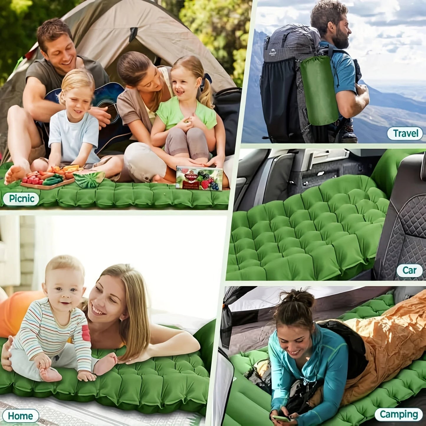 4-inch inflatable sleeping mat with built-in pillow and pump
