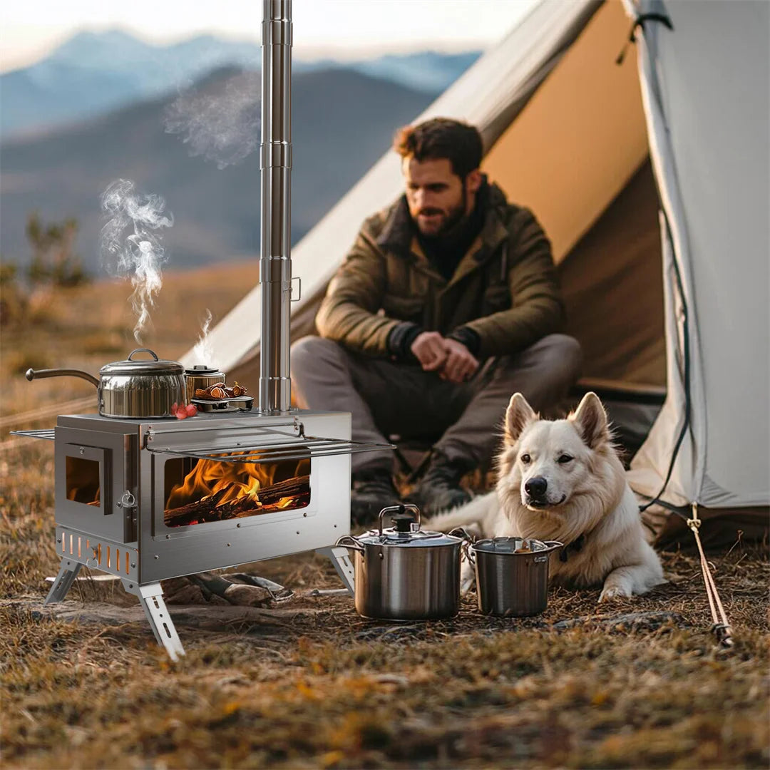 Stainless Steel Camping Wood Burning Stove For Hot Tent With Seven Chimney Pipes Portable Gear
