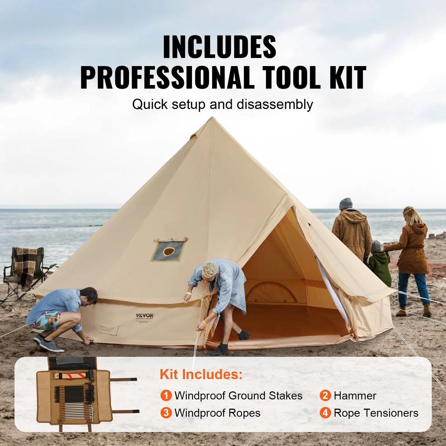 5-8 Person Canvas Glamping Bell Tent,with Stove Jack and Detachable Side Wall,13'x 13'x98"