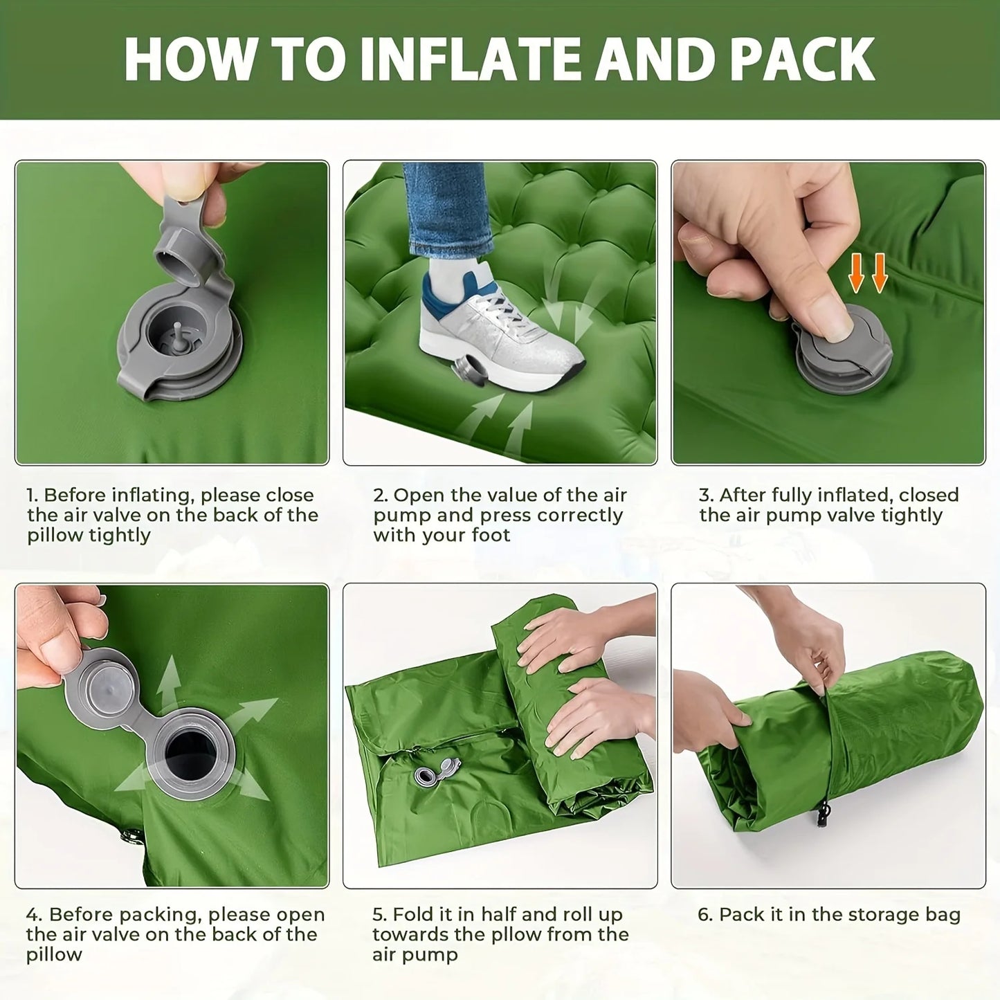 4-inch inflatable sleeping mat with built-in pillow and pump