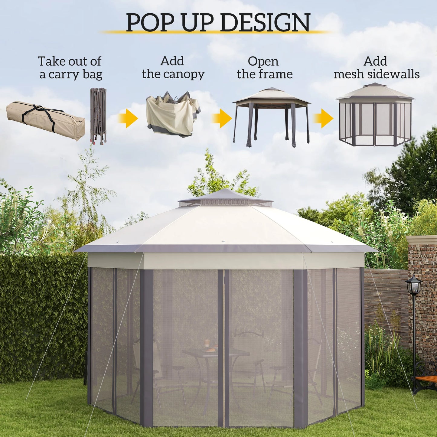 13.3' Hexagon Soft Top 2-Tier Canopy Gazebo Shade W/ Steel Supporting Frame