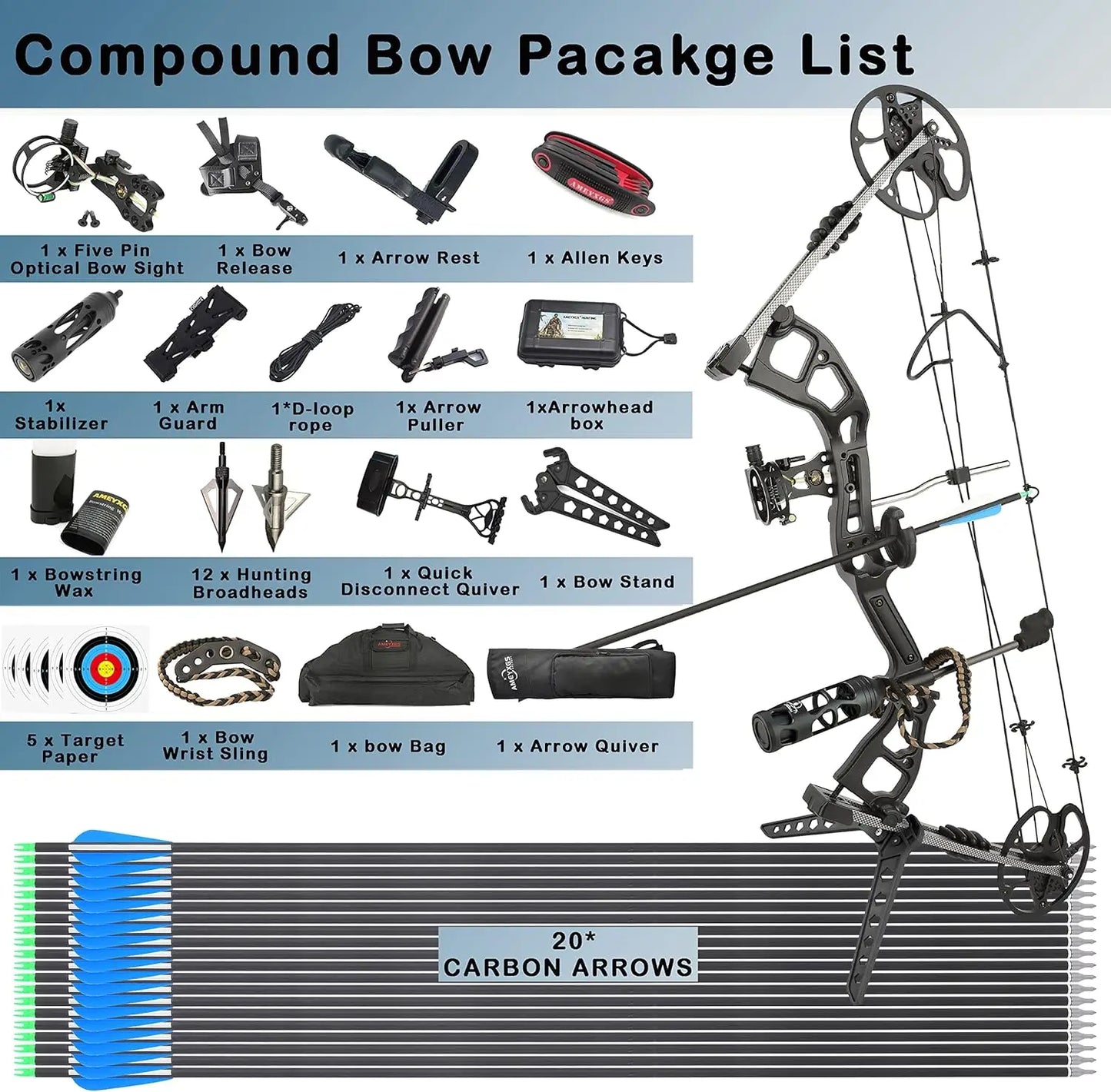 Compound Bow Kit, Draw Weight 0-70 lbs Adjustable, Draw Length