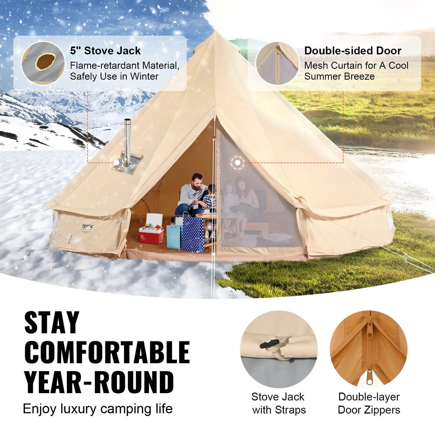 5-8 Person Canvas Glamping Bell Tent,with Stove Jack and Detachable Side Wall,13'x 13'x98"