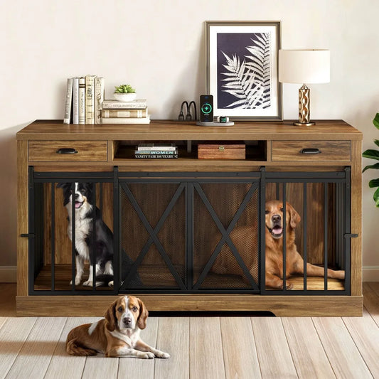 63 inch Double Dog Crate for 2 Dogs TV Stand