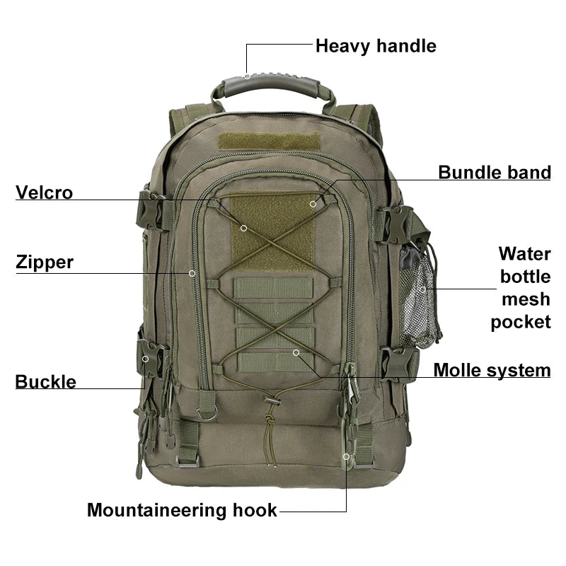 LQARMY Tactical MOLLE Backpack Nylon Unisex for Hiking Camping Adventure Travel Durable Water Resistant