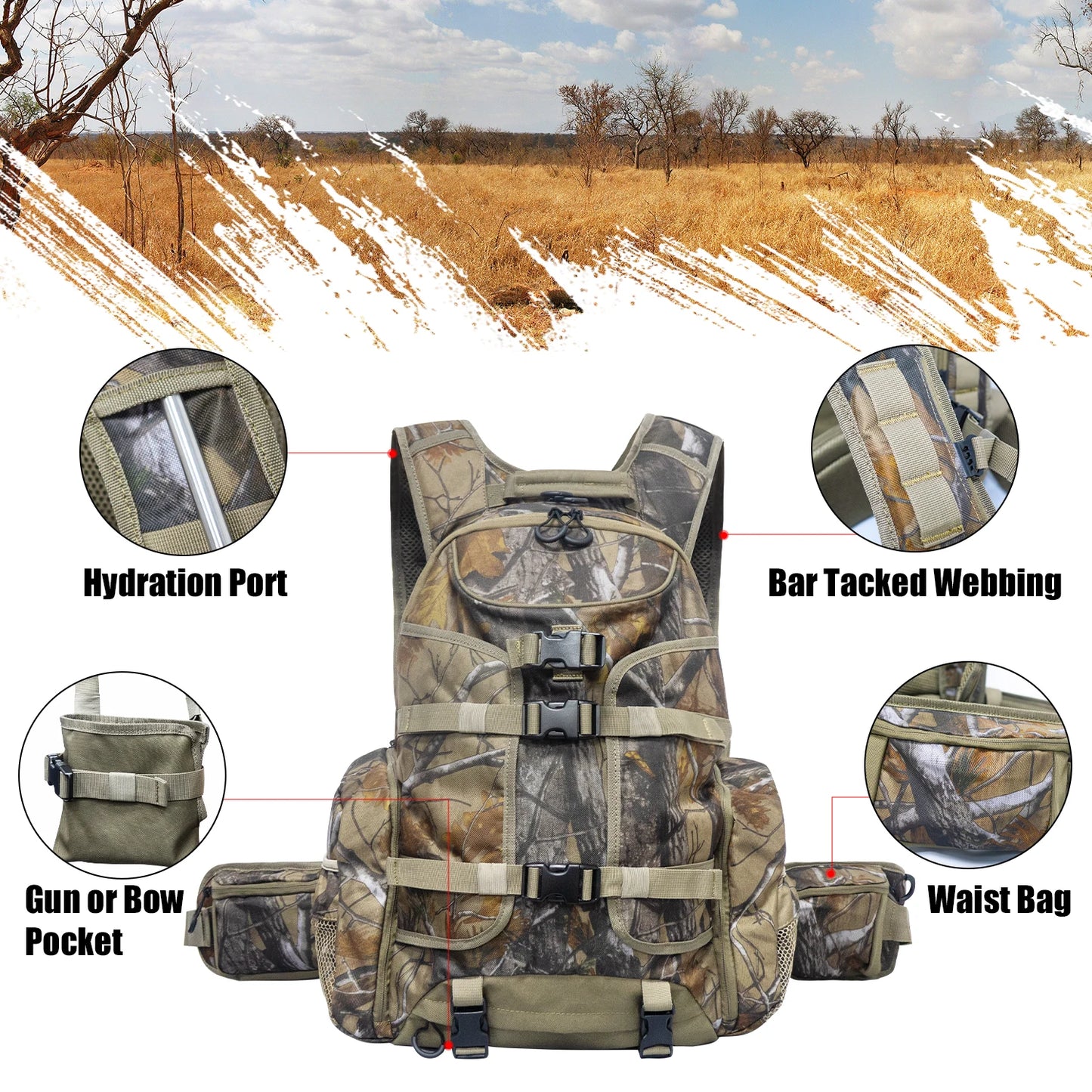 Backpack Camo Hunting Pack with Gun Bow Pocket Long-Lasting Large Capacity Hunting Day Pack