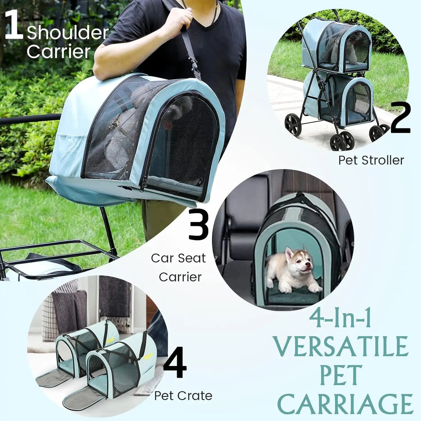4-in-1 Double Pet Stroller for Dogs and Cats, 2 Detachable Carriers