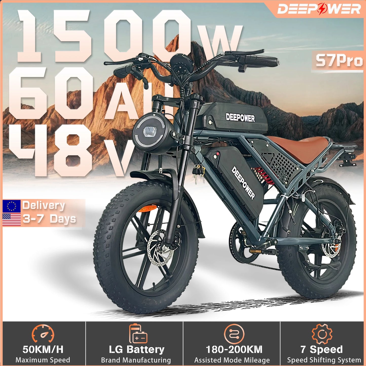 DEEPOWER Off Road Electric Bike S7Pro 1500W Motor 48V 60Ah LG Battery All Terrain