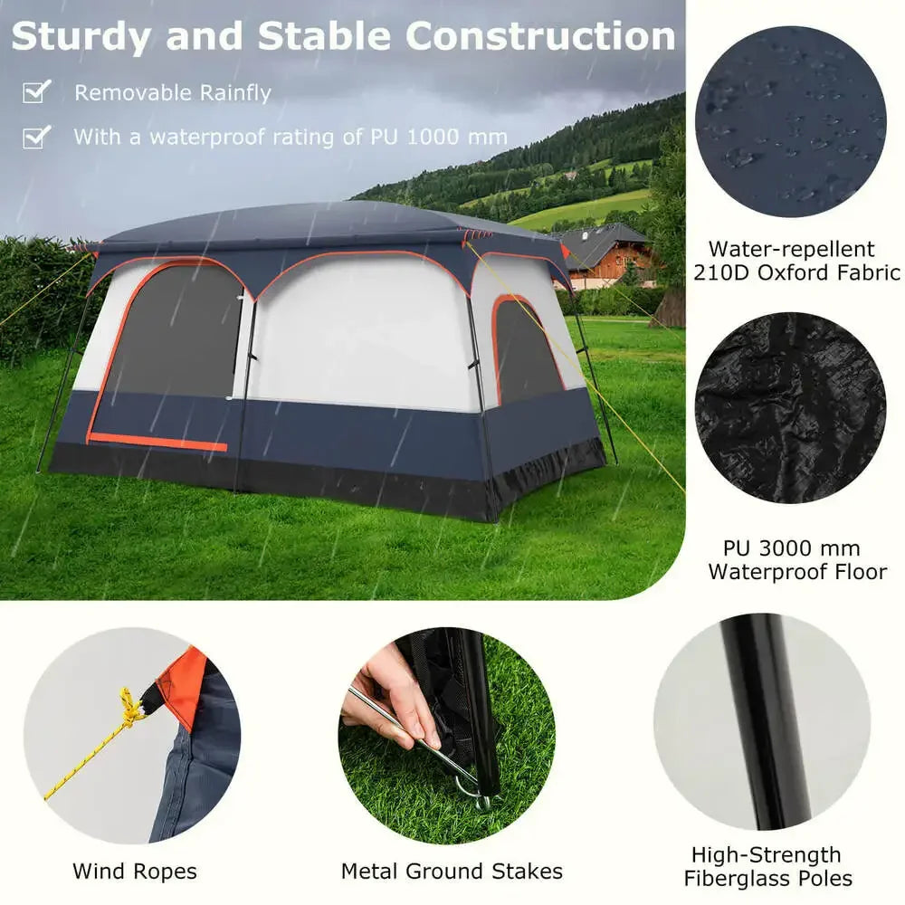 8-Person Camping Tent with Porch Large Family Cabin with 2 Rooms 2 Doors