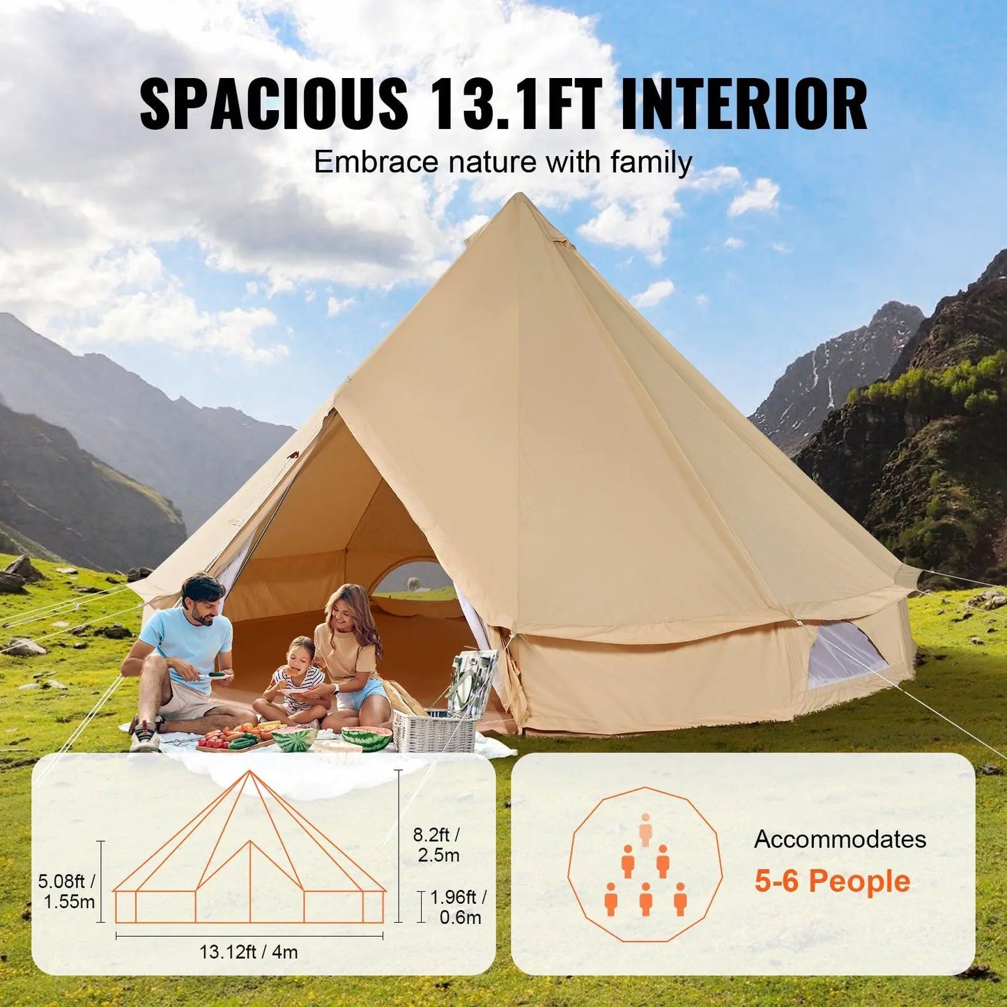 5-8 Person Canvas Glamping Bell Tent,with Stove Jack and Detachable Side Wall,13'x 13'x98"