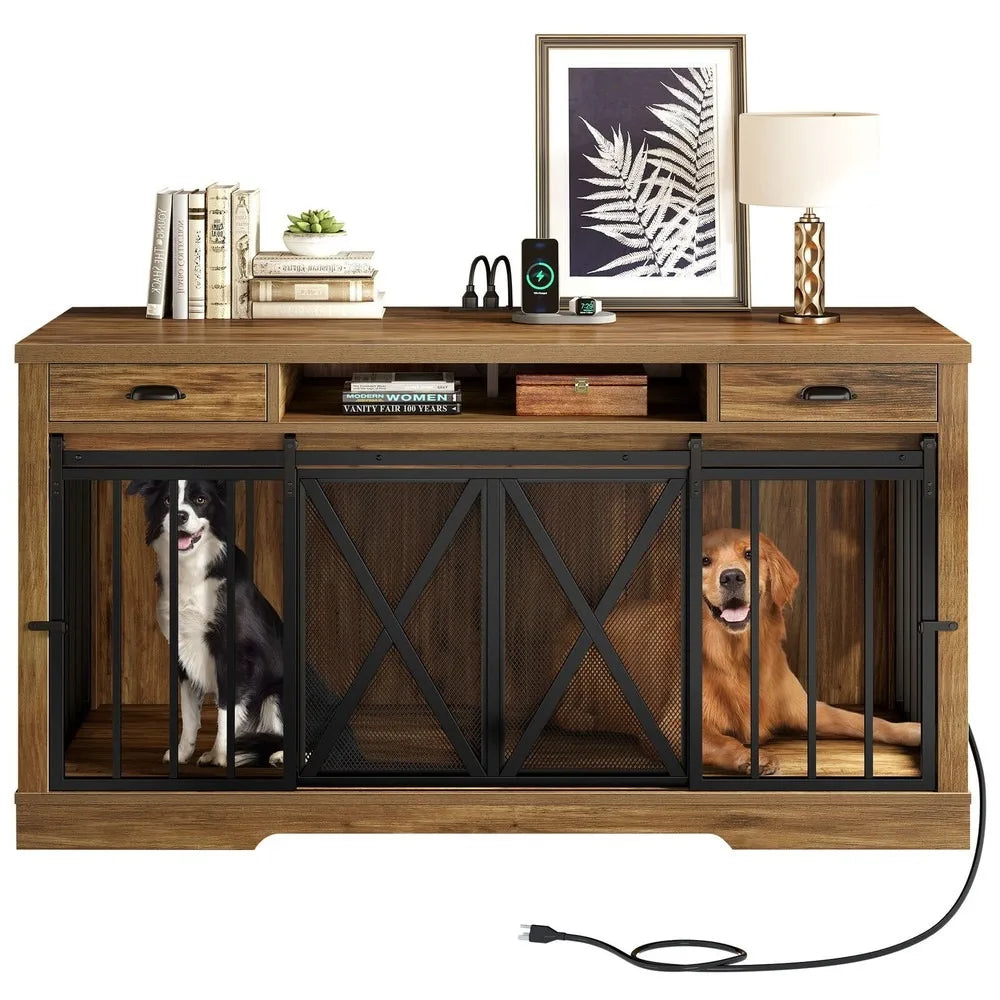 63 inch Double Dog Crate for 2 Dogs TV Stand