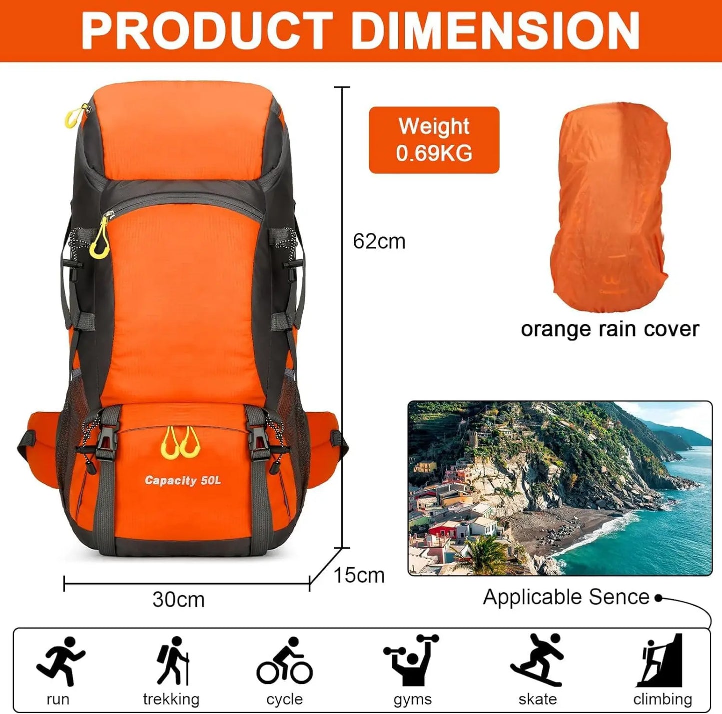 Hiking Backpack Waterproof 50L Lightweight