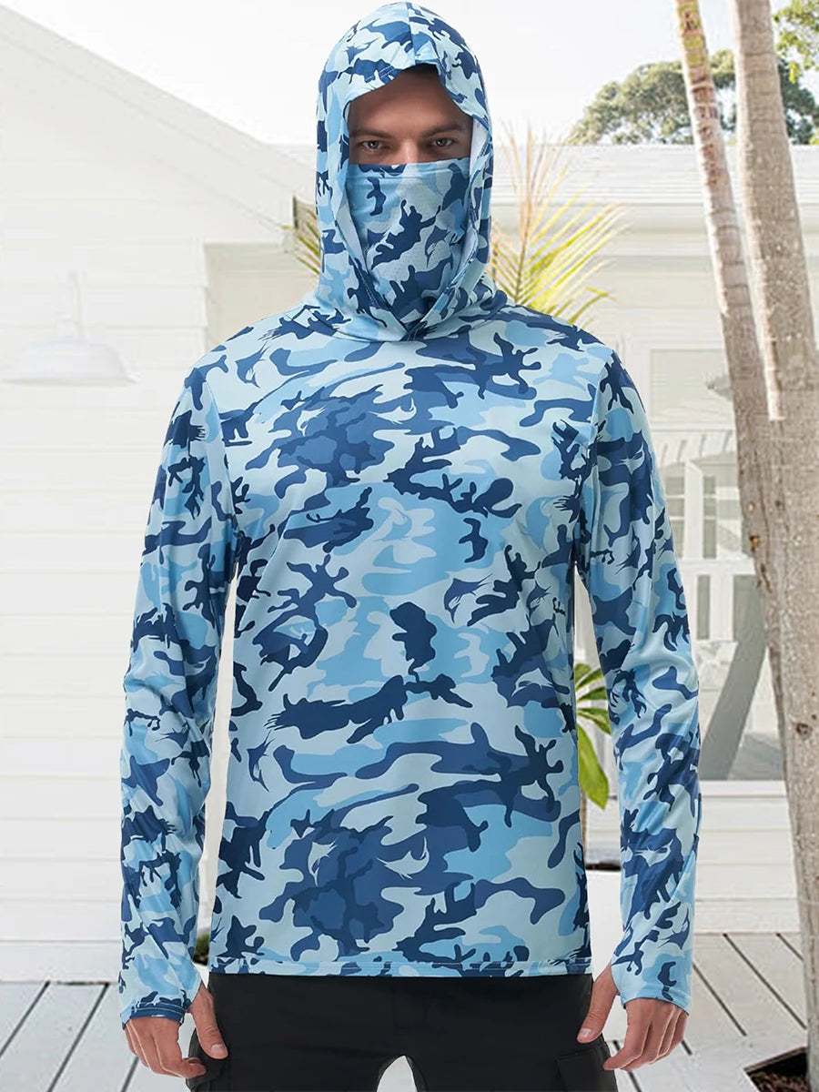 Men s Fishing Shirt Camo Print Hoodie with Built-in Sun Protection