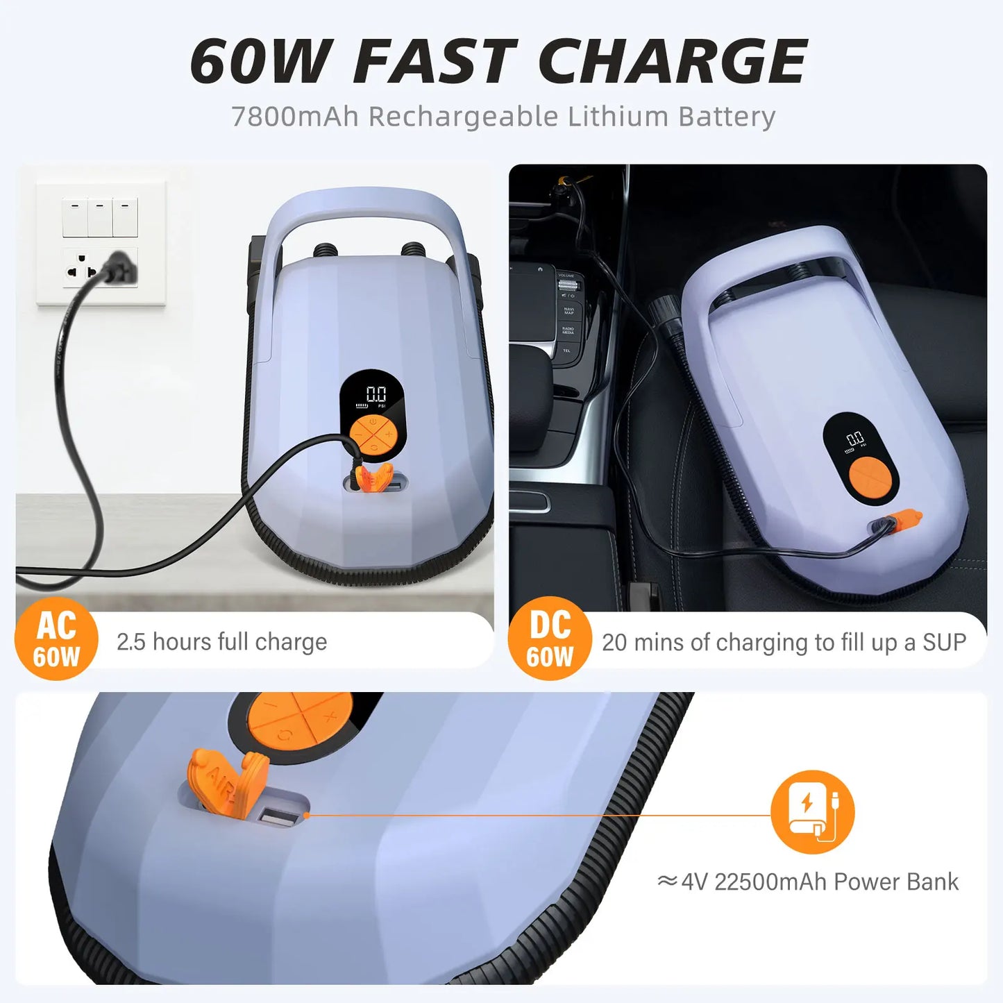 Electric Air Pump with Battery 7800 mAh 20 PSI Max Rechargeable 12 V DC