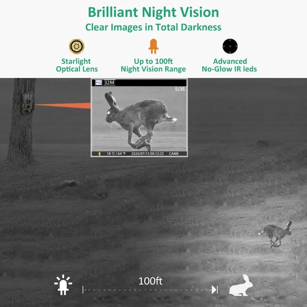 Trail Camera WiFi 32MP 1296p Fast 0.1s Trigger Speed Motion Activated 100ft