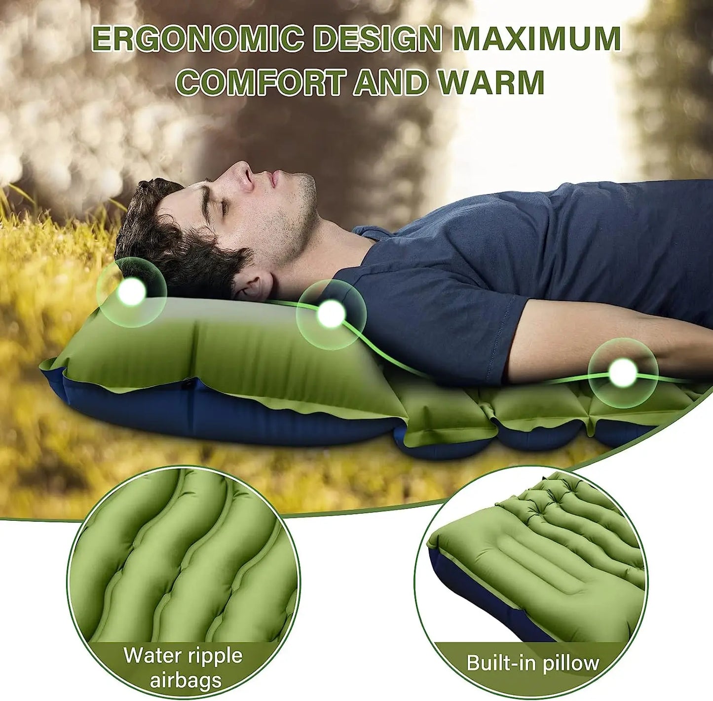 4-inch inflatable sleeping mat with built-in pillow and pump